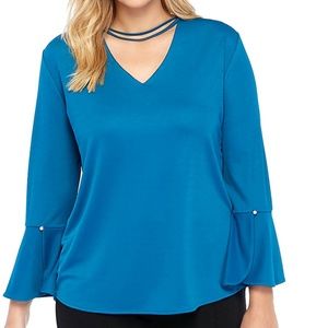 Blue bell sleeve choker blouse top 1X 16W 18W
